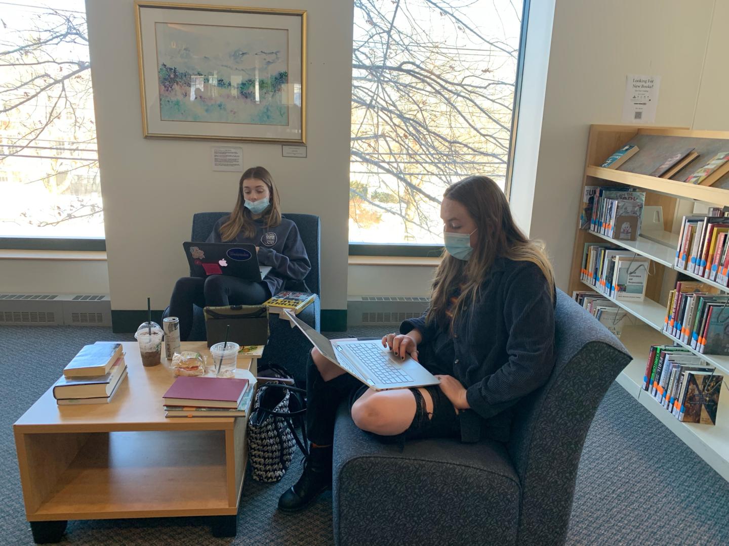Two students conducting research on laptops in a library