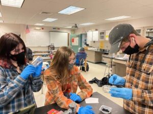 three students studying a lab in science class