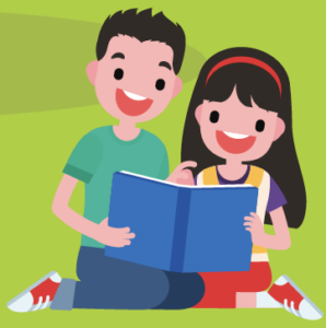 cartoon girl and boy looking at book